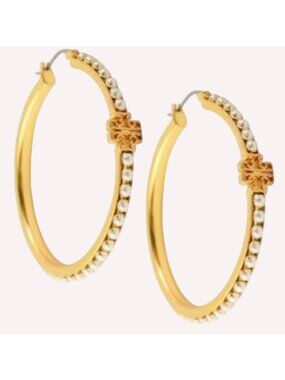 Tory Burch Gold Pearl Embellished Hoop Earrings Elegant Design Womens Jewelry